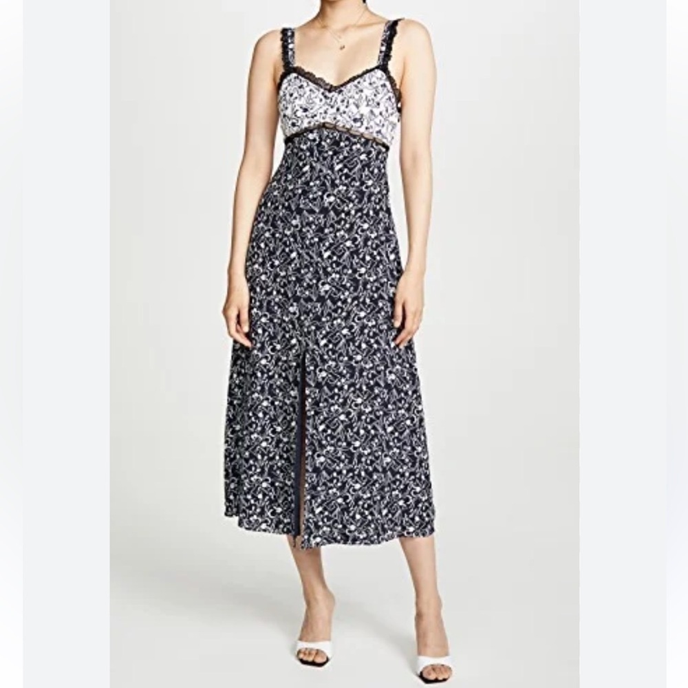 Tanya Taylor 100% Silk Floral Lace Sarita Slip Slit Midi Dress Size 14 plus navy